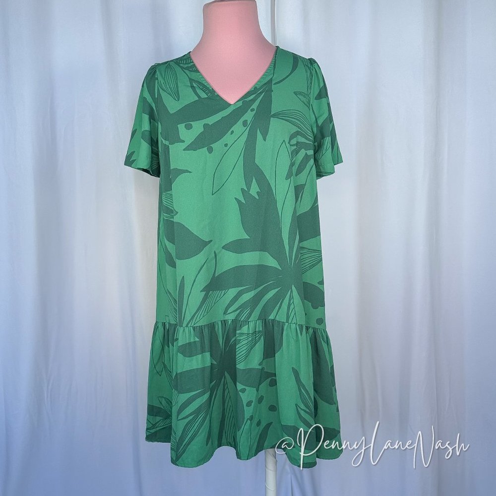 A New Day Leaf Print Short Sleeve Mini Ruffle Hem Dress - Picture 2 of 9